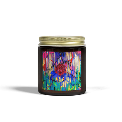 Candle jar with a colorful abstract design on a white background