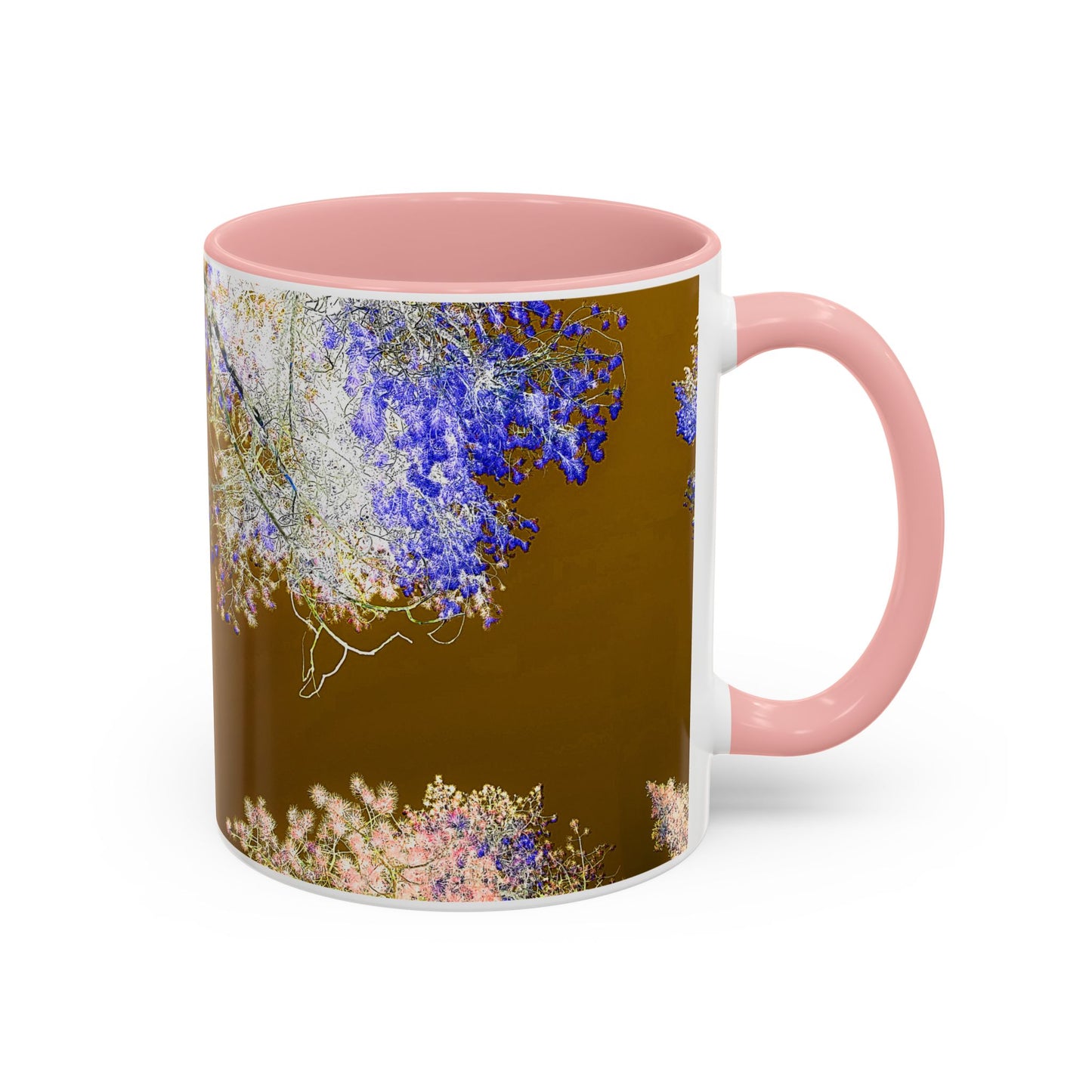 Floral Accent Coffee Mug — Botanical Blue & Pink Print on Brown (11/15oz)