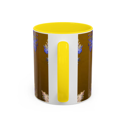 Floral Accent Coffee Mug — Botanical Blue & Pink Print on Brown (11/15oz)