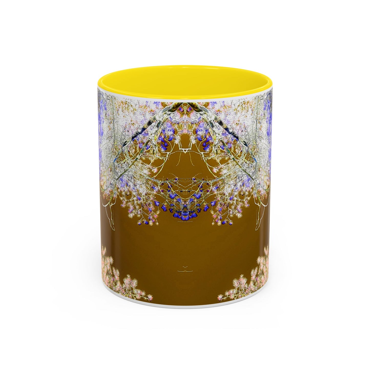 Floral Accent Coffee Mug — Botanical Blue & Pink Print on Brown (11/15oz)