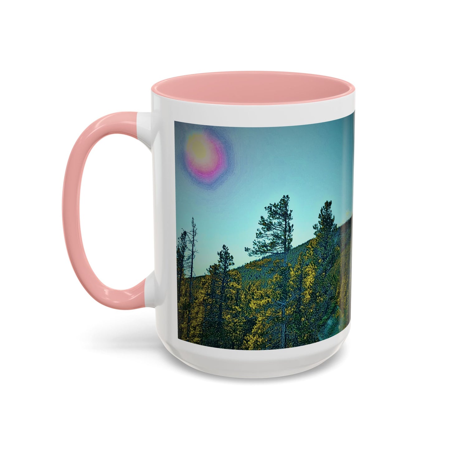 Scenic Pine Forest Accent Coffee Mug — Sunrise Landscape 11/15oz