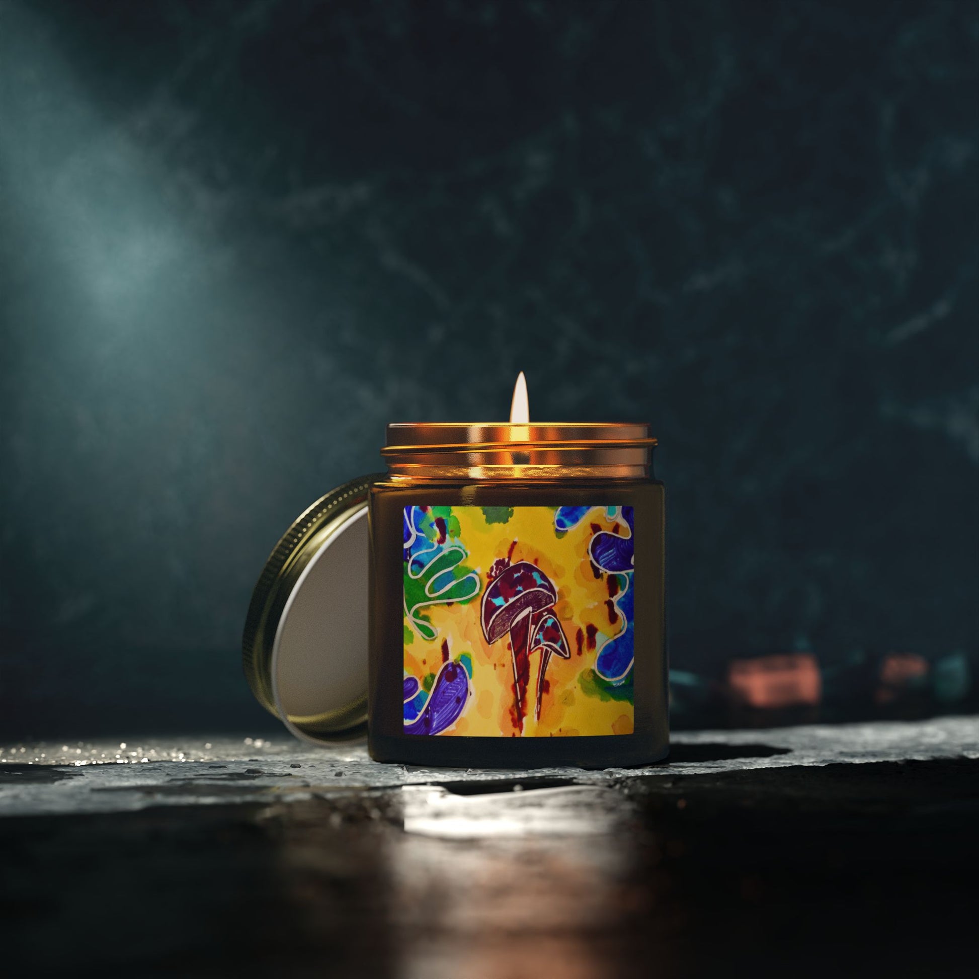 Candle with a colorful label on a dark background