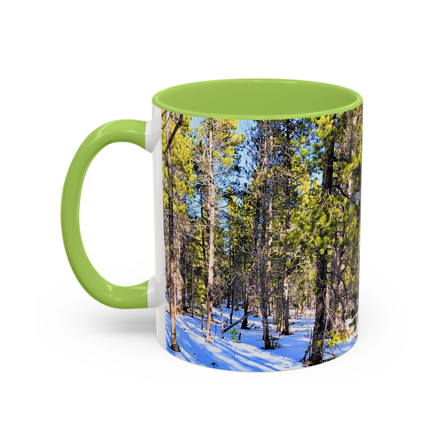 Pine Forest Snow Accent Coffee Mug – Scenic Nature Photography 11/15oz