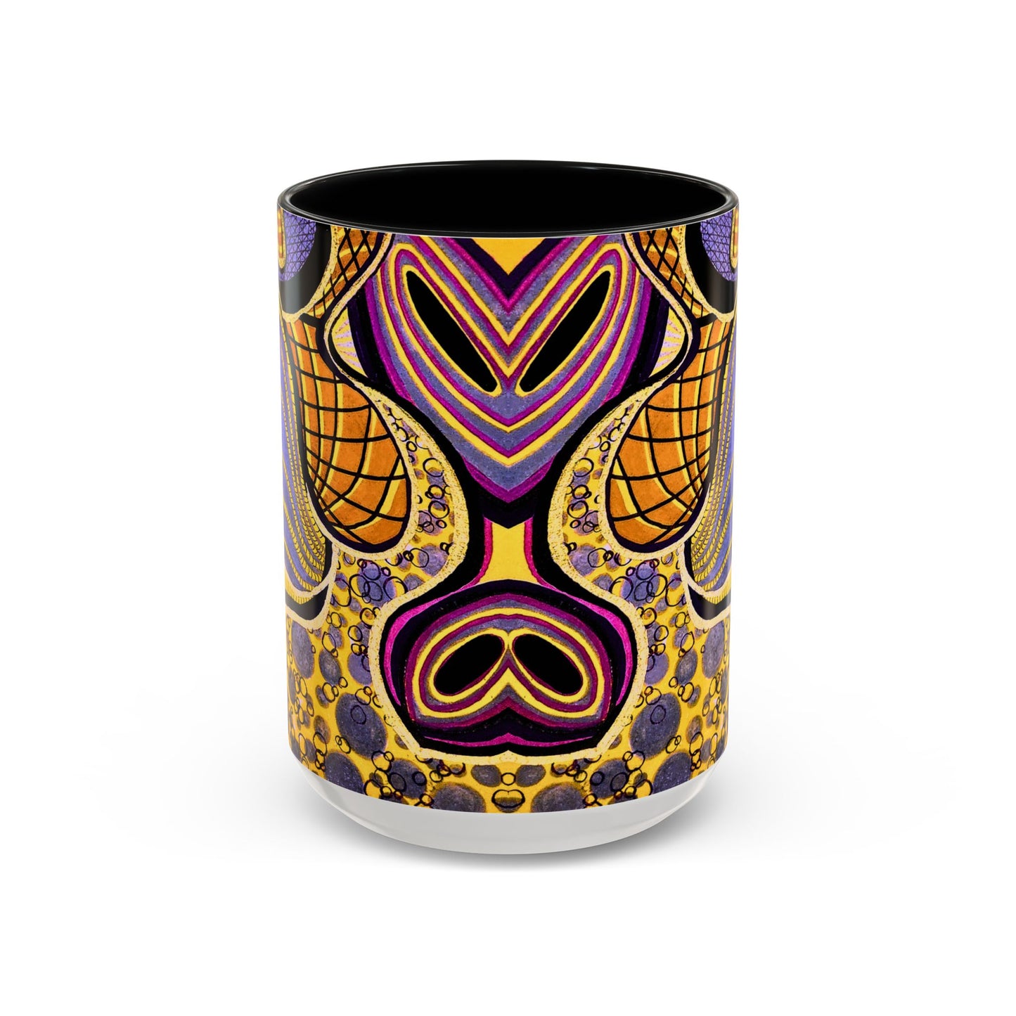 Psychedelic Seashells Accent Coffee Mug — Vibrant Purple & Gold Ocean Pattern (11/15oz)