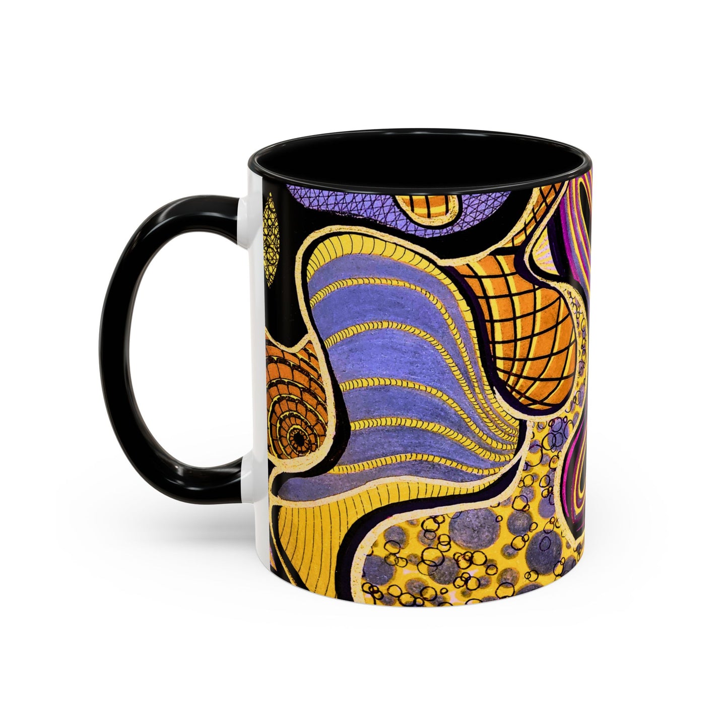 Psychedelic Seashells Accent Coffee Mug — Vibrant Purple & Gold Ocean Pattern (11/15oz)
