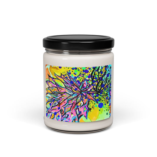 Candle jar with a colorful label on a white background