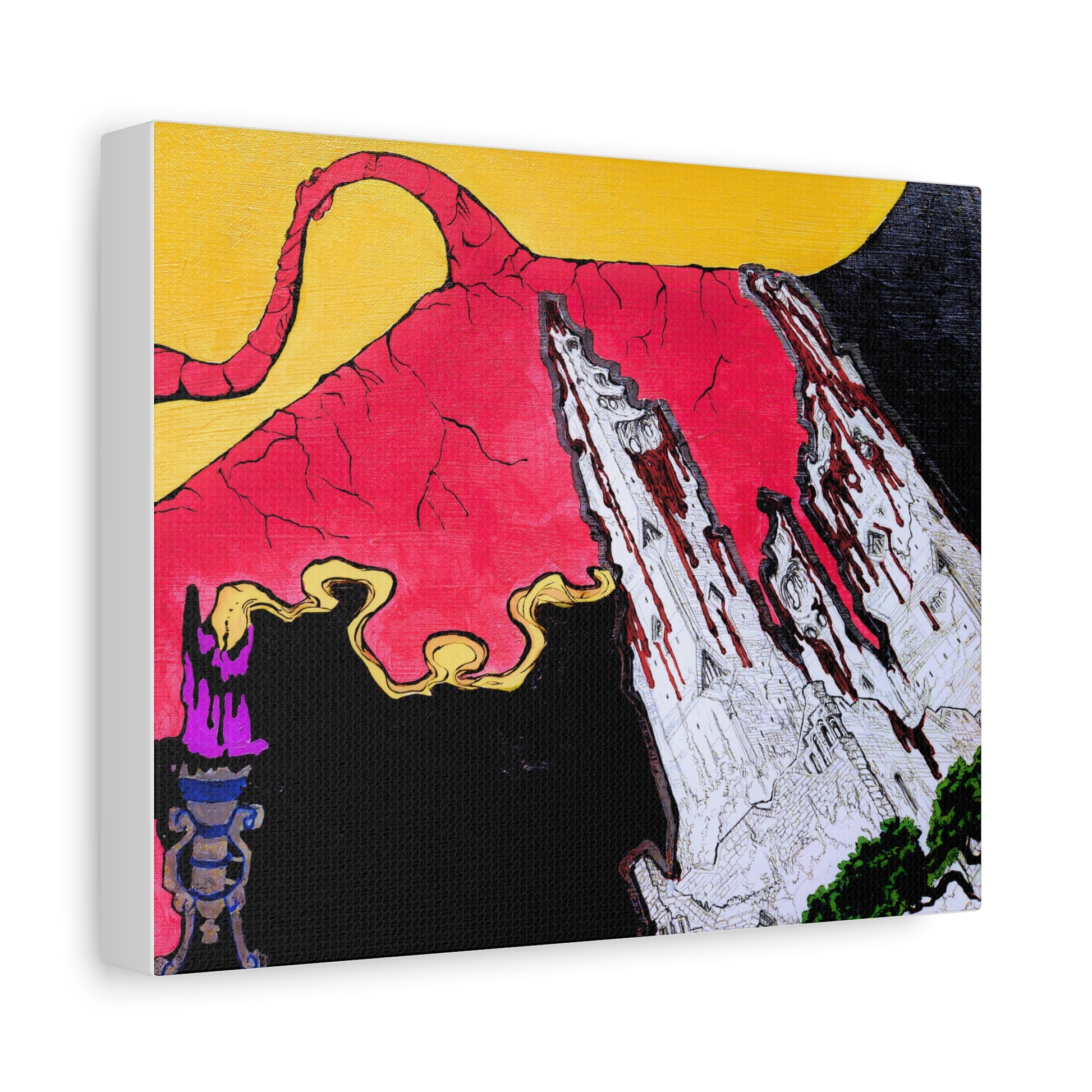 Abstract artwork with a pink creature-like figure and mountainous landscape on a yellow background