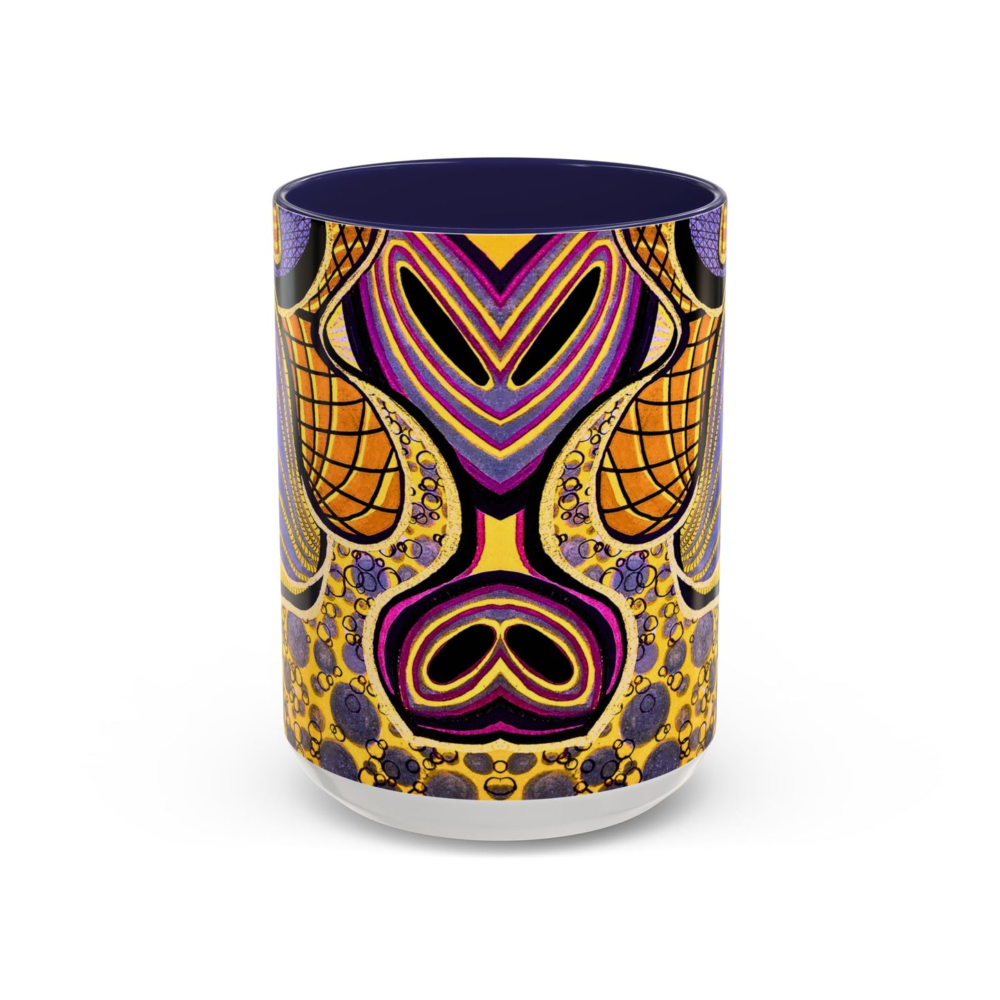 Psychedelic Seashells Accent Coffee Mug — Vibrant Purple & Gold Ocean Pattern (11/15oz)
