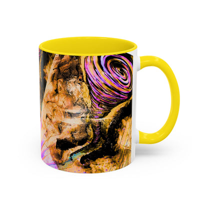 Mug with abstract design and yellow handle and rim on a white background