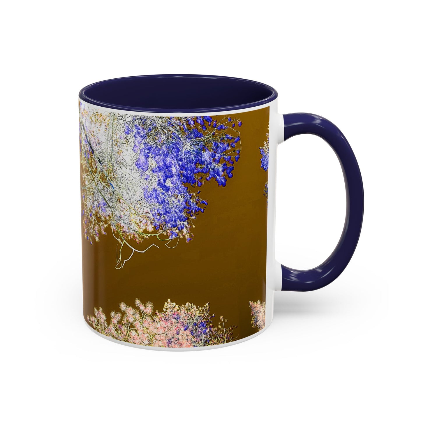 Floral Accent Coffee Mug — Botanical Blue & Pink Print on Brown (11/15oz)