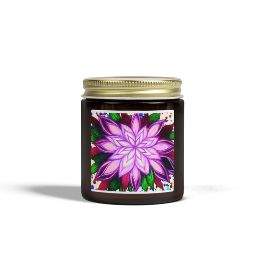 Candle jar with a colorful label featuring a purple flower design on a white background