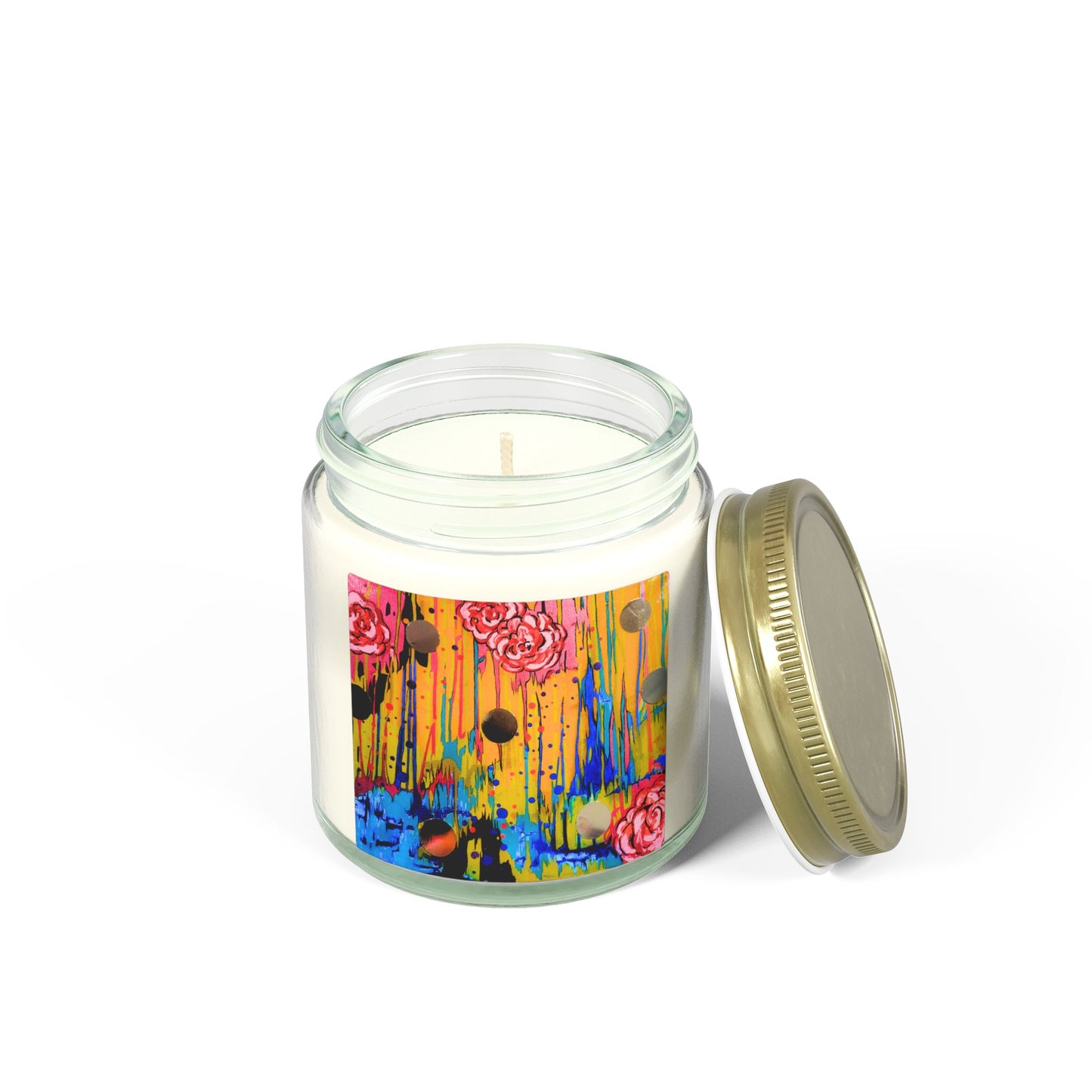 Candle in a glass jar with a colorful label on a white background