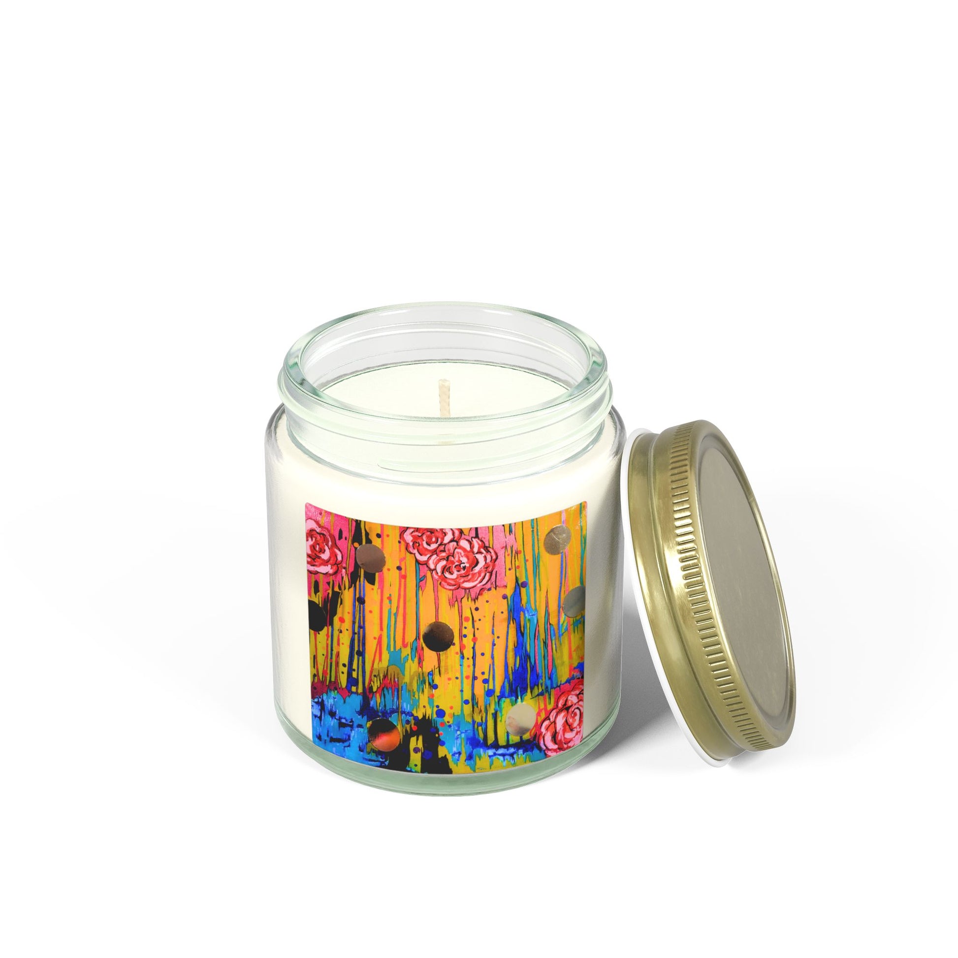 Candle in a glass jar with a colorful label on a white background