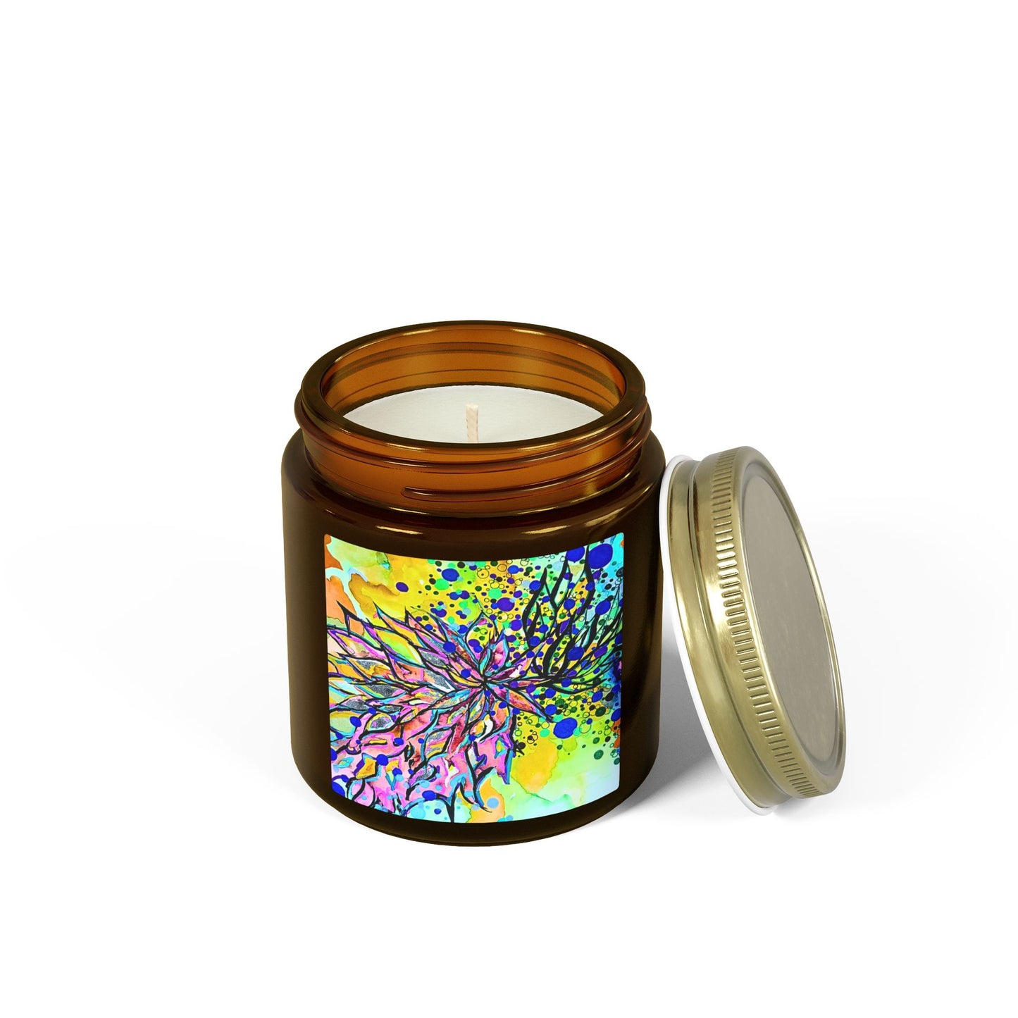 Candle in an amber jar with a colorful label on a white background