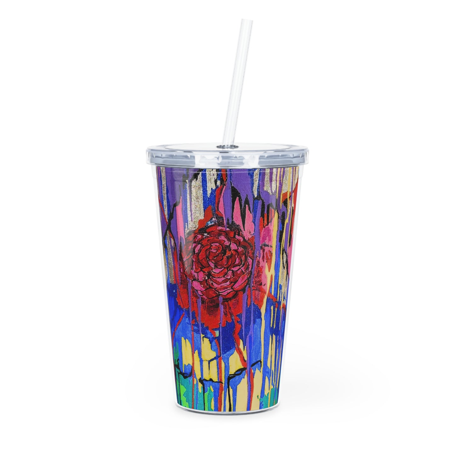 Colorful tumbler with a floral design on a white background