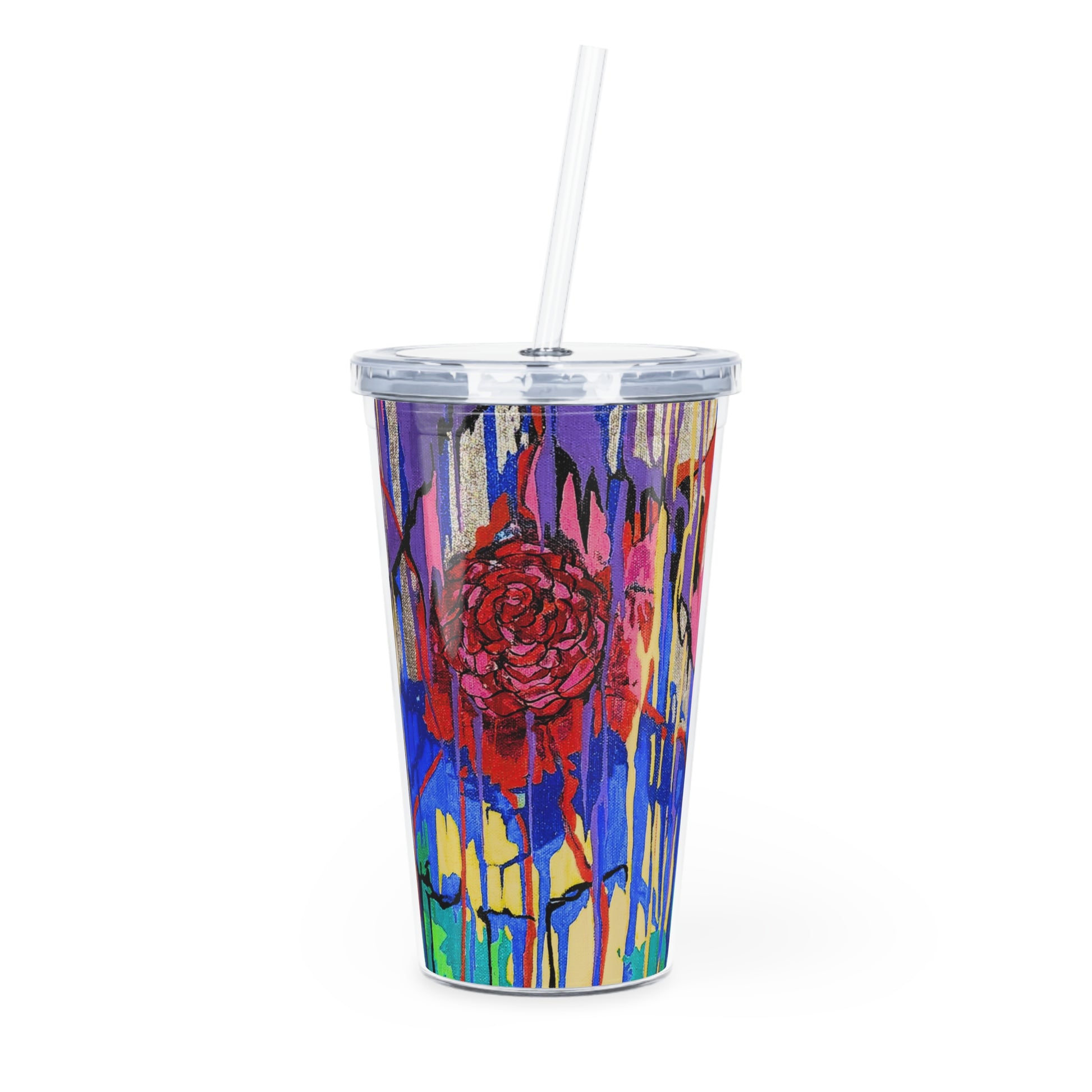 Colorful tumbler with a floral design on a white background