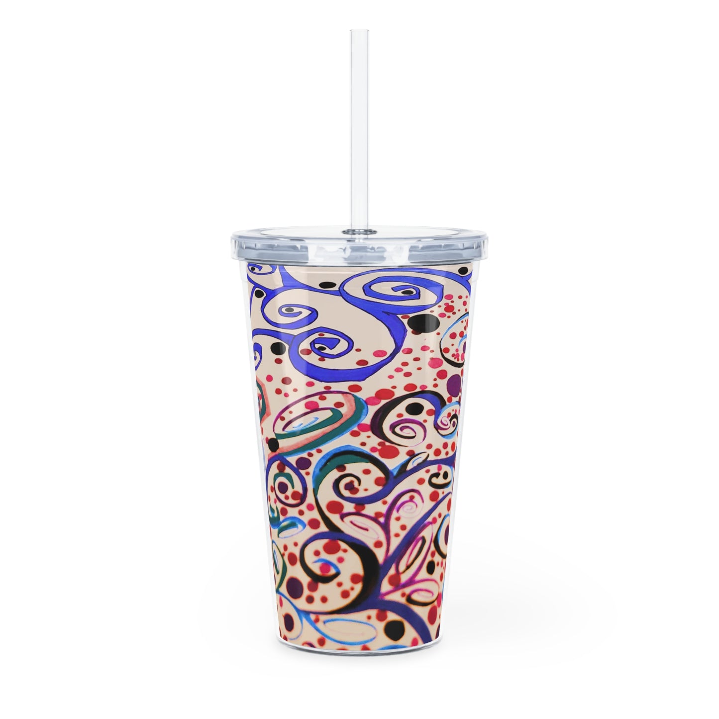 Colorful swirl-patterned tumbler with a straw on a white background