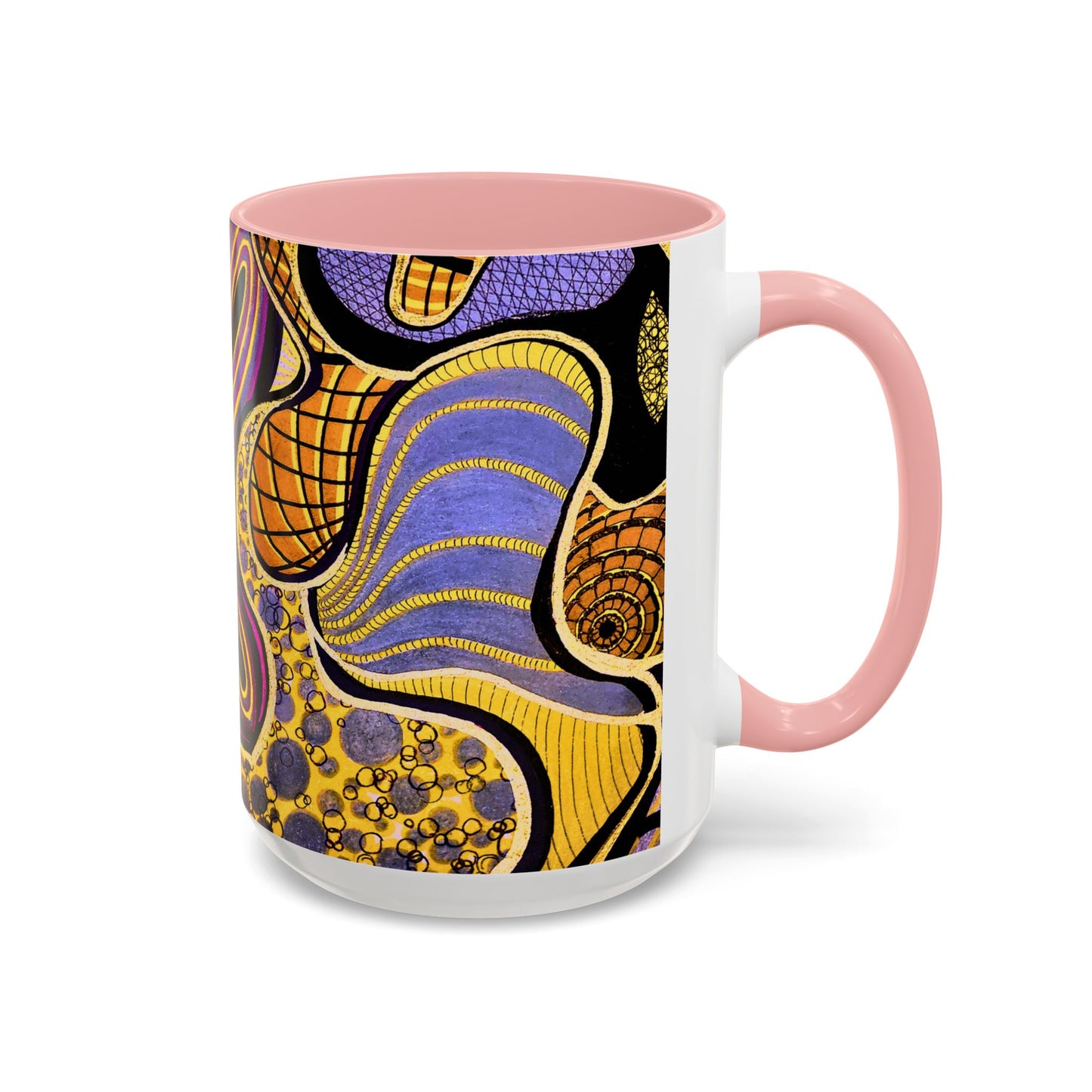 Psychedelic Seashells Accent Coffee Mug — Vibrant Purple & Gold Ocean Pattern (11/15oz)