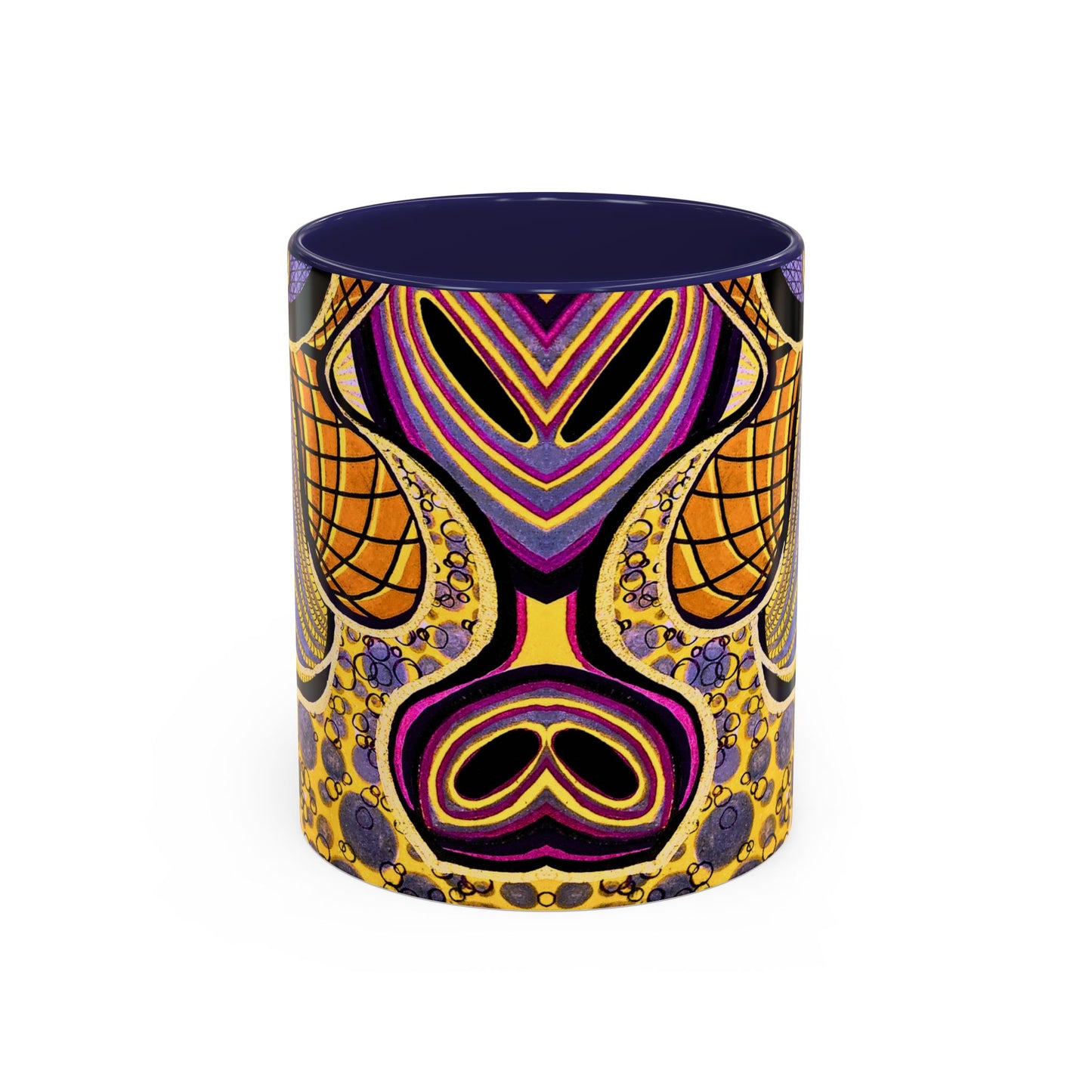 Psychedelic Seashells Accent Coffee Mug — Vibrant Purple & Gold Ocean Pattern (11/15oz)