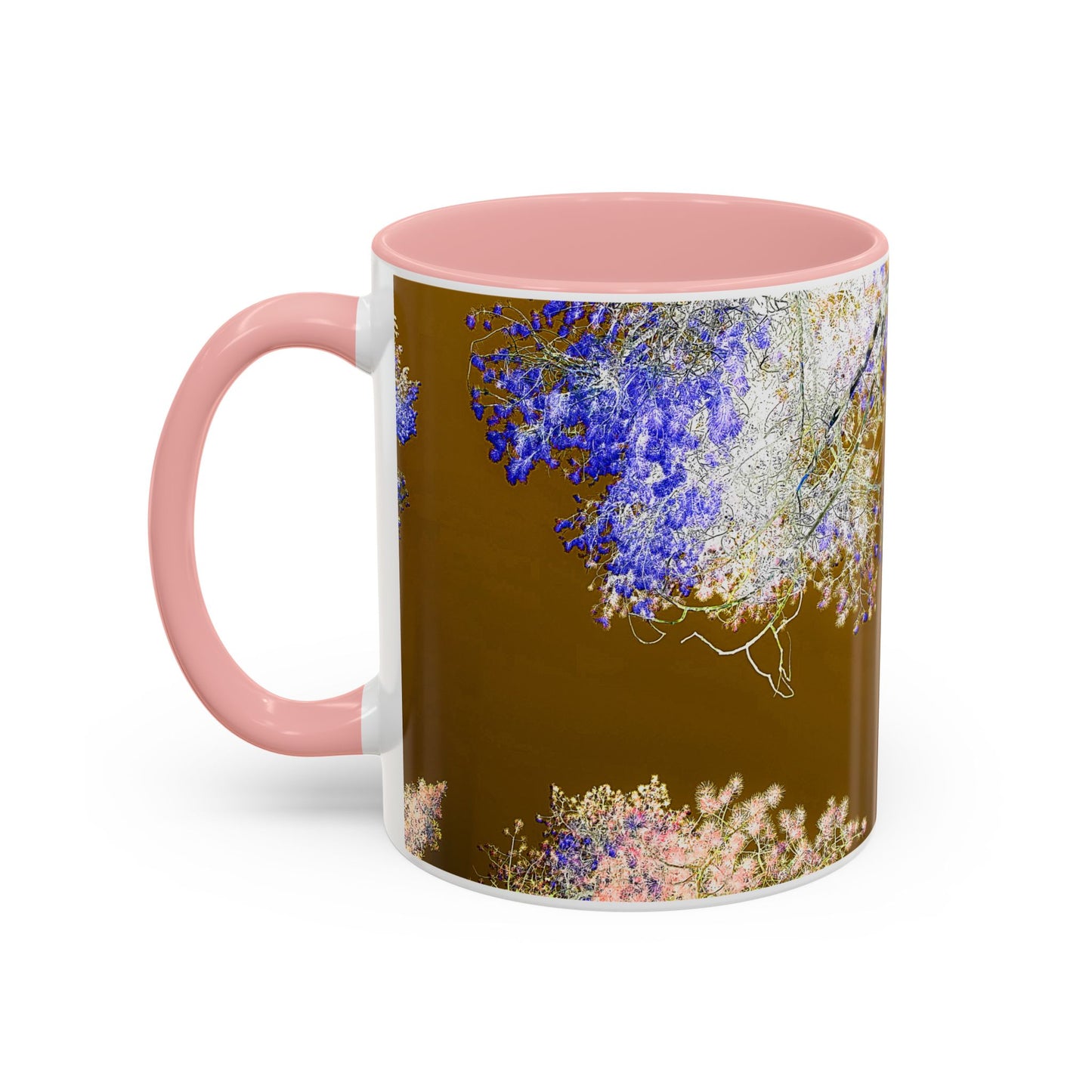 Floral Accent Coffee Mug — Botanical Blue & Pink Print on Brown (11/15oz)
