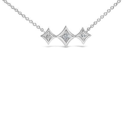 10K White Gold Bezel Set Princess Diamond 3 Stone Kite Shape and Station Necklace (H-I Color, SI2-I1 Clarity) - 18" Inches
