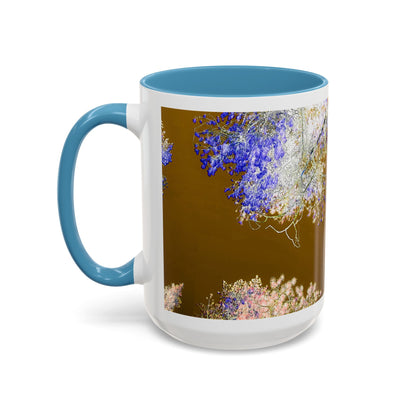 Floral Accent Coffee Mug — Botanical Blue & Pink Print on Brown (11/15oz)