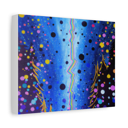 Canvas print with abstract design of colorful dots and lines on a blue background