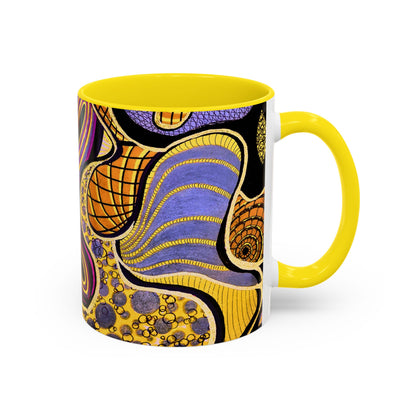 Psychedelic Seashells Accent Coffee Mug — Vibrant Purple & Gold Ocean Pattern (11/15oz)