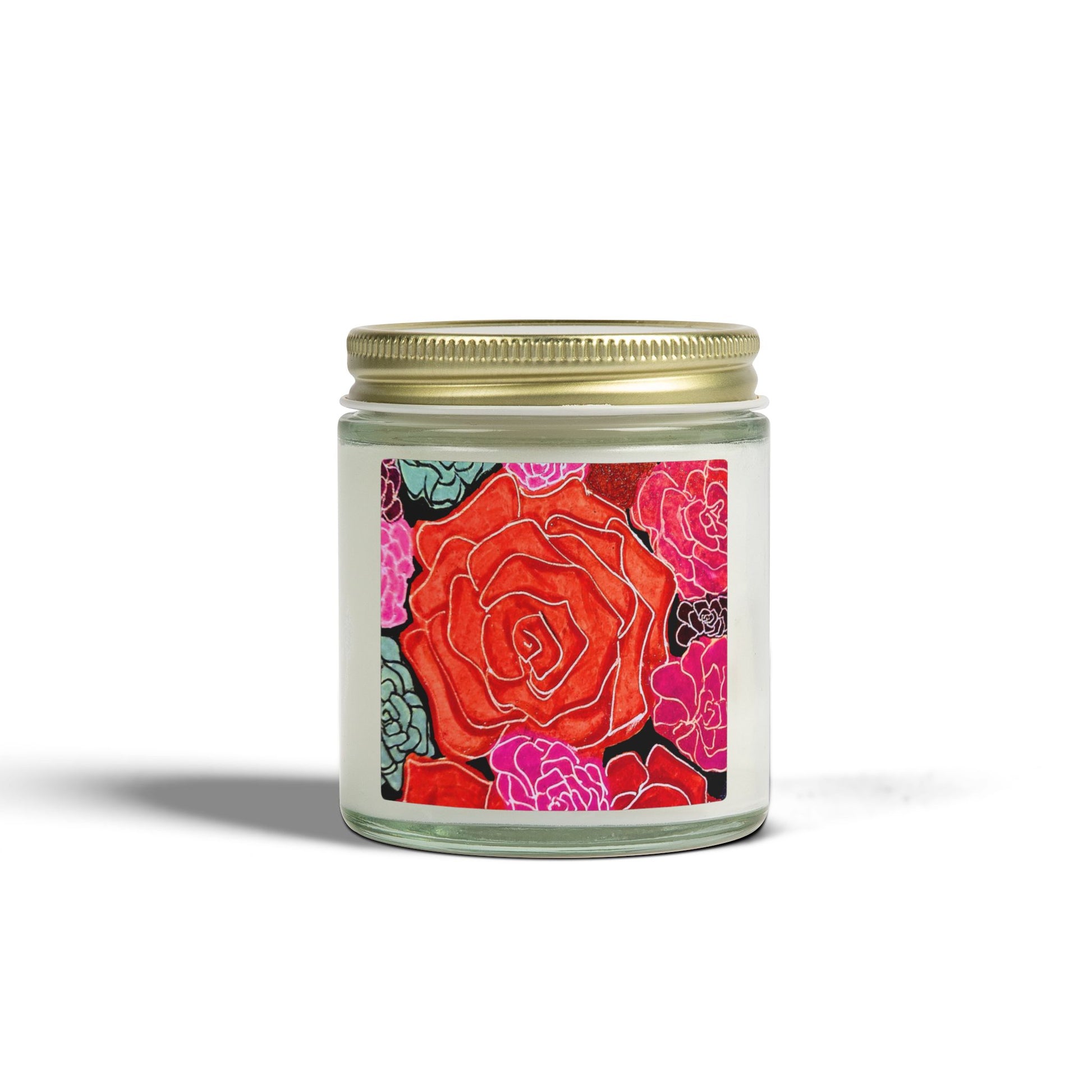 Candle jar with floral design on a white background