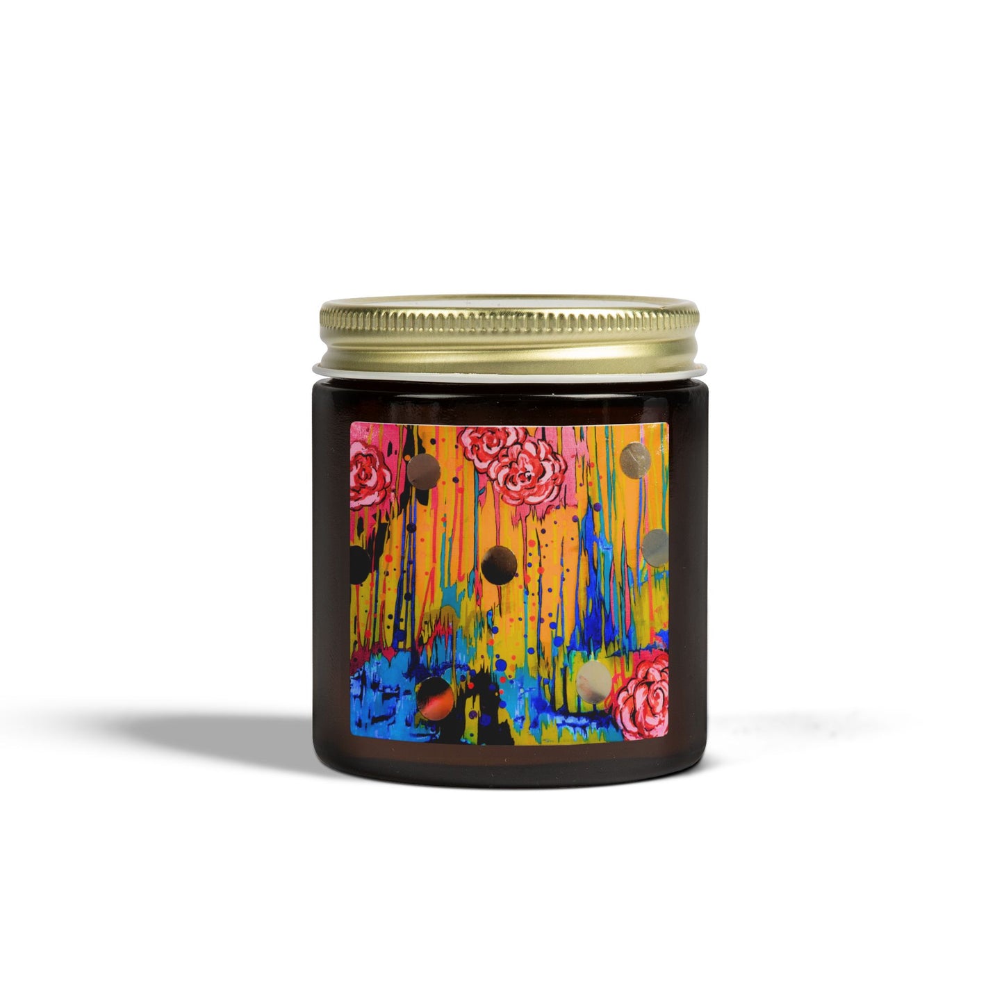 Candle jar with colorful design on a white background