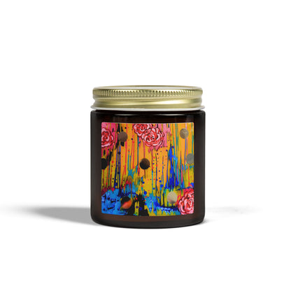 Candle jar with colorful design on a white background