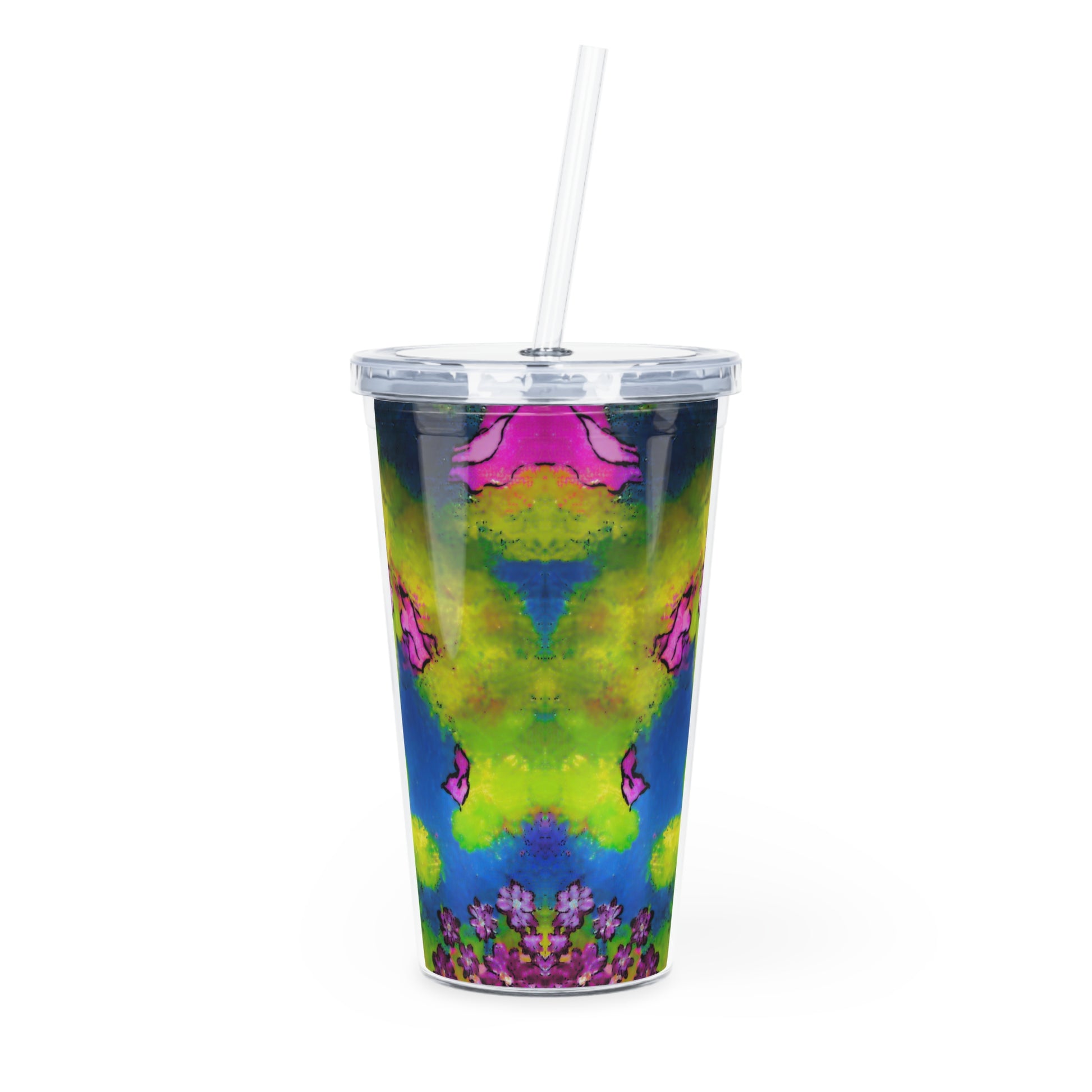 Colorful tie-dye tumbler with pink butterfly design on a white background