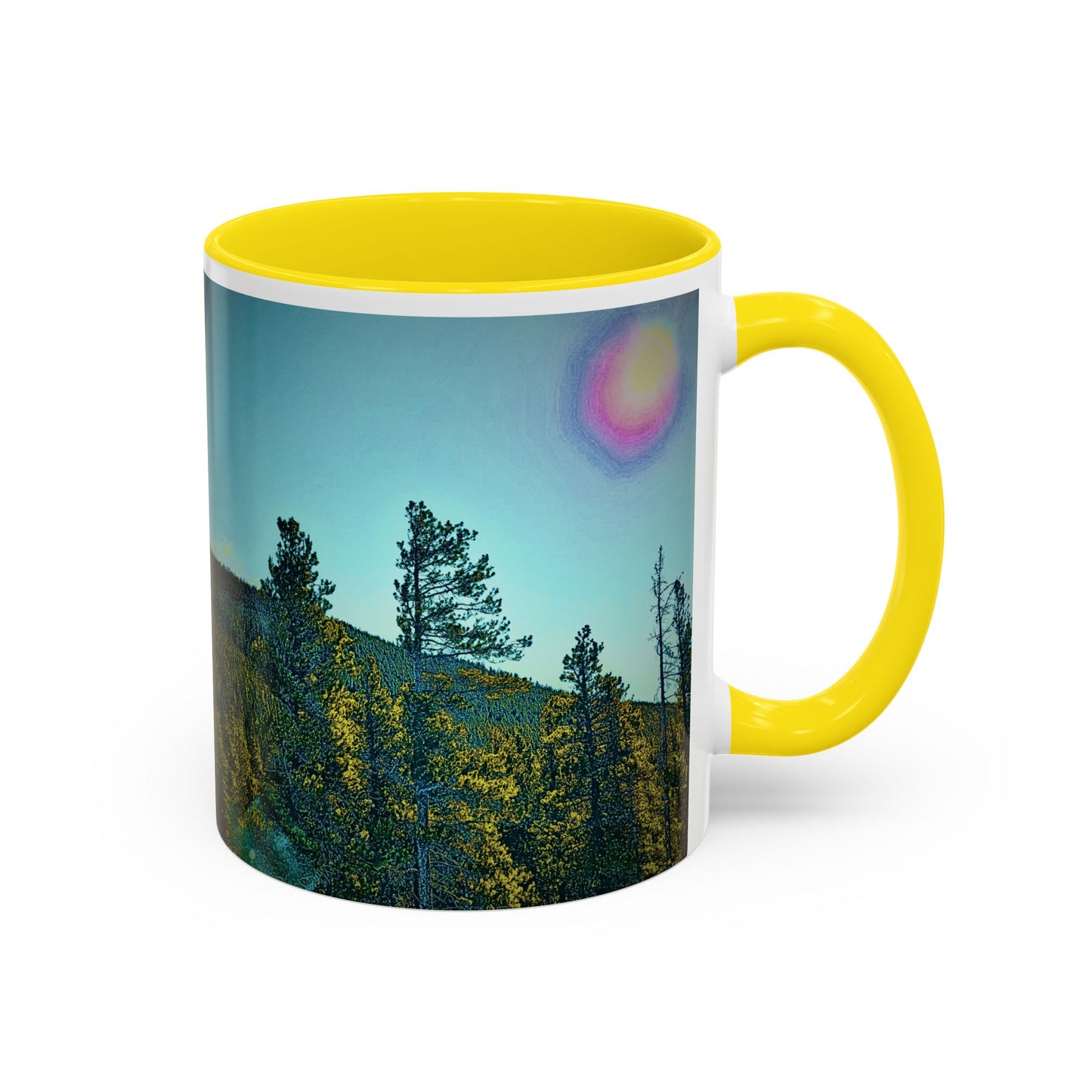 Scenic Pine Forest Accent Coffee Mug — Sunrise Landscape 11/15oz