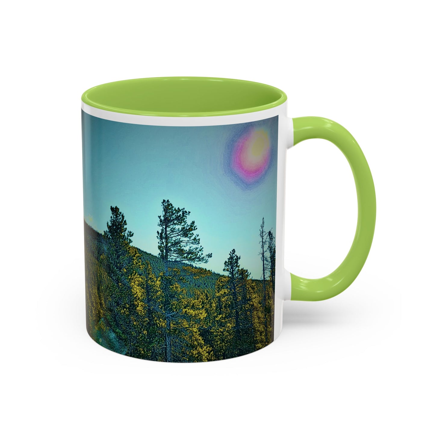 Scenic Pine Forest Accent Coffee Mug — Sunrise Landscape 11/15oz