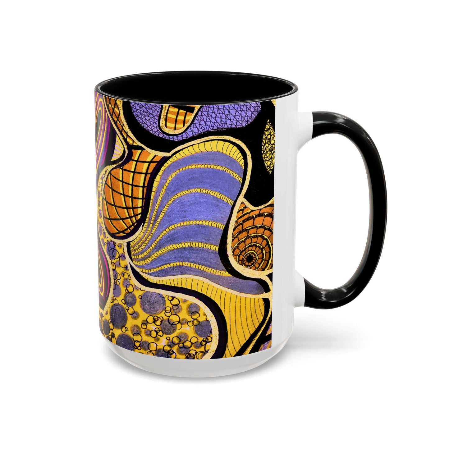 Psychedelic Seashells Accent Coffee Mug — Vibrant Purple & Gold Ocean Pattern (11/15oz)