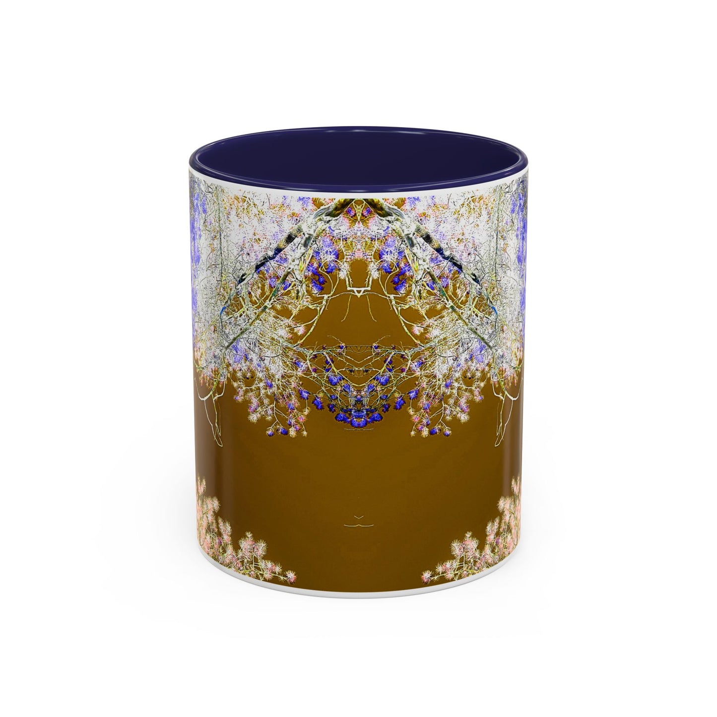 Floral Accent Coffee Mug — Botanical Blue & Pink Print on Brown (11/15oz)