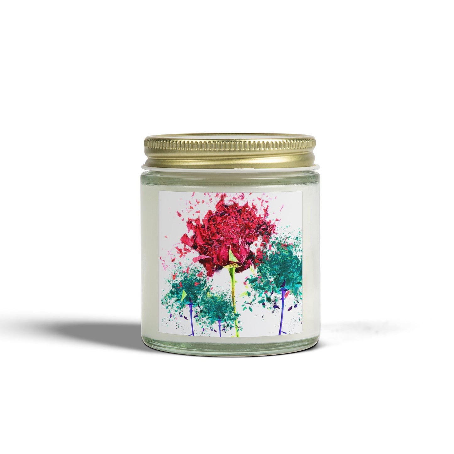 Candle jar with a colorful floral design on a white background