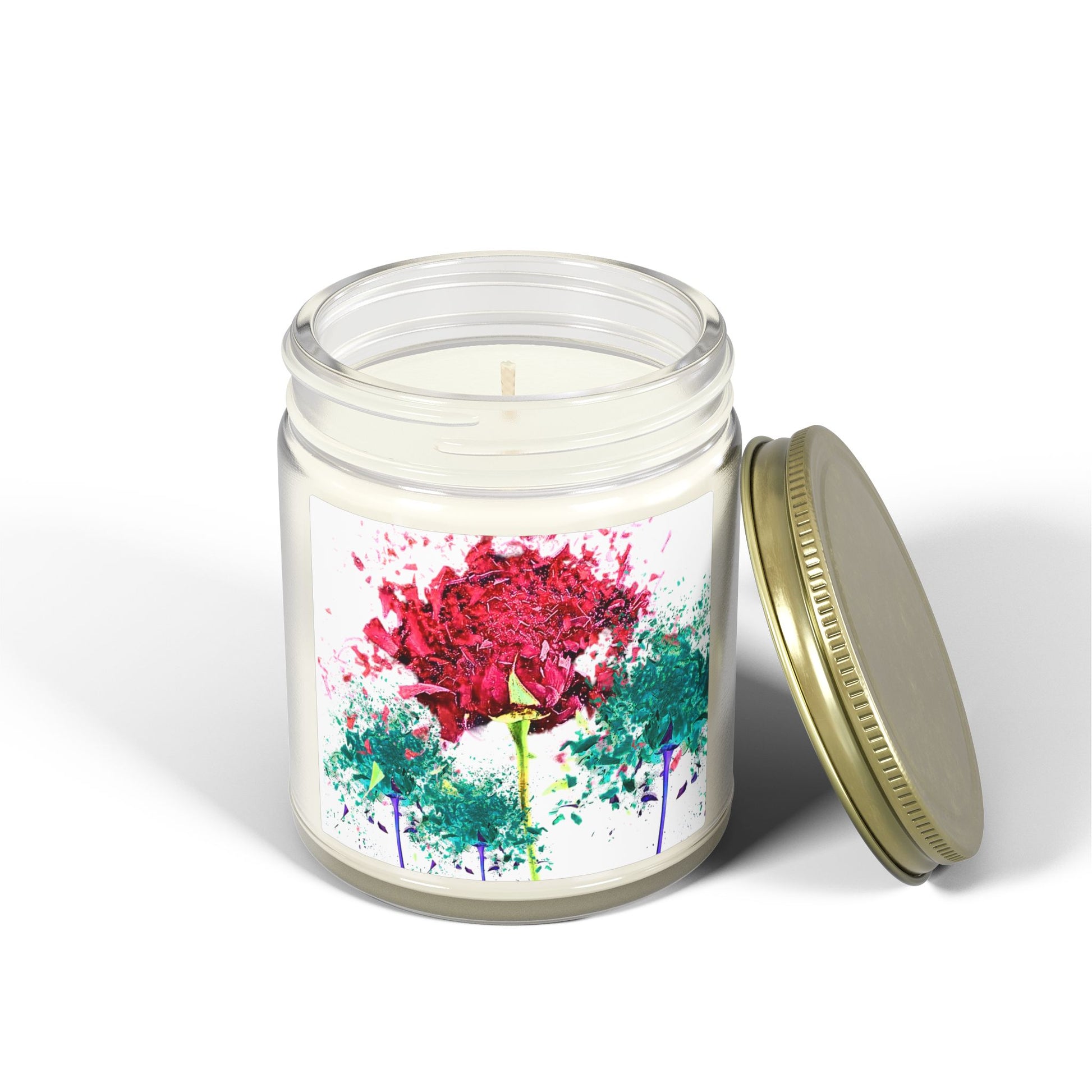 Candle in a jar with a colorful design on a white background