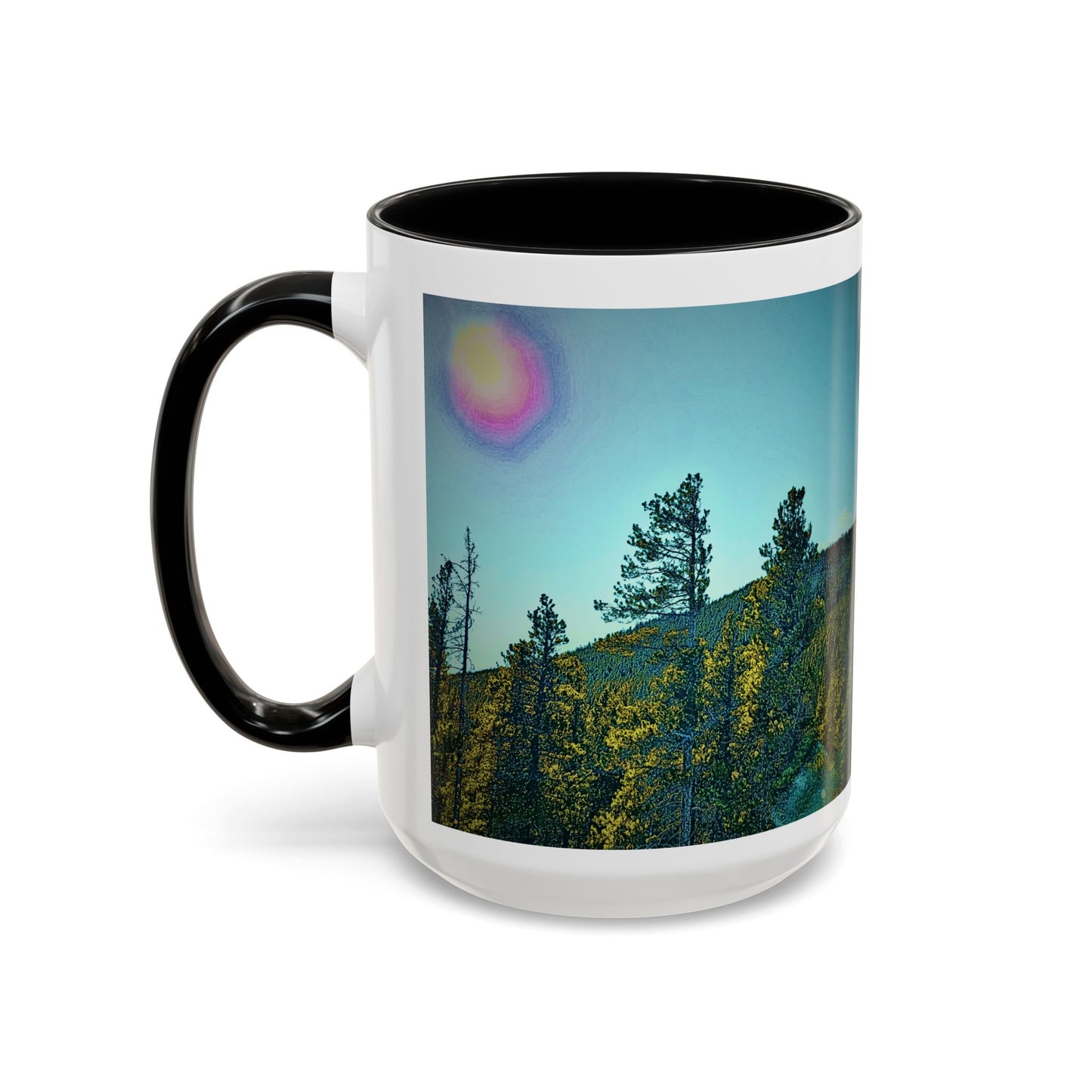 Scenic Pine Forest Accent Coffee Mug — Sunrise Landscape 11/15oz