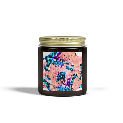 Candle jar with a colorful label on a white background