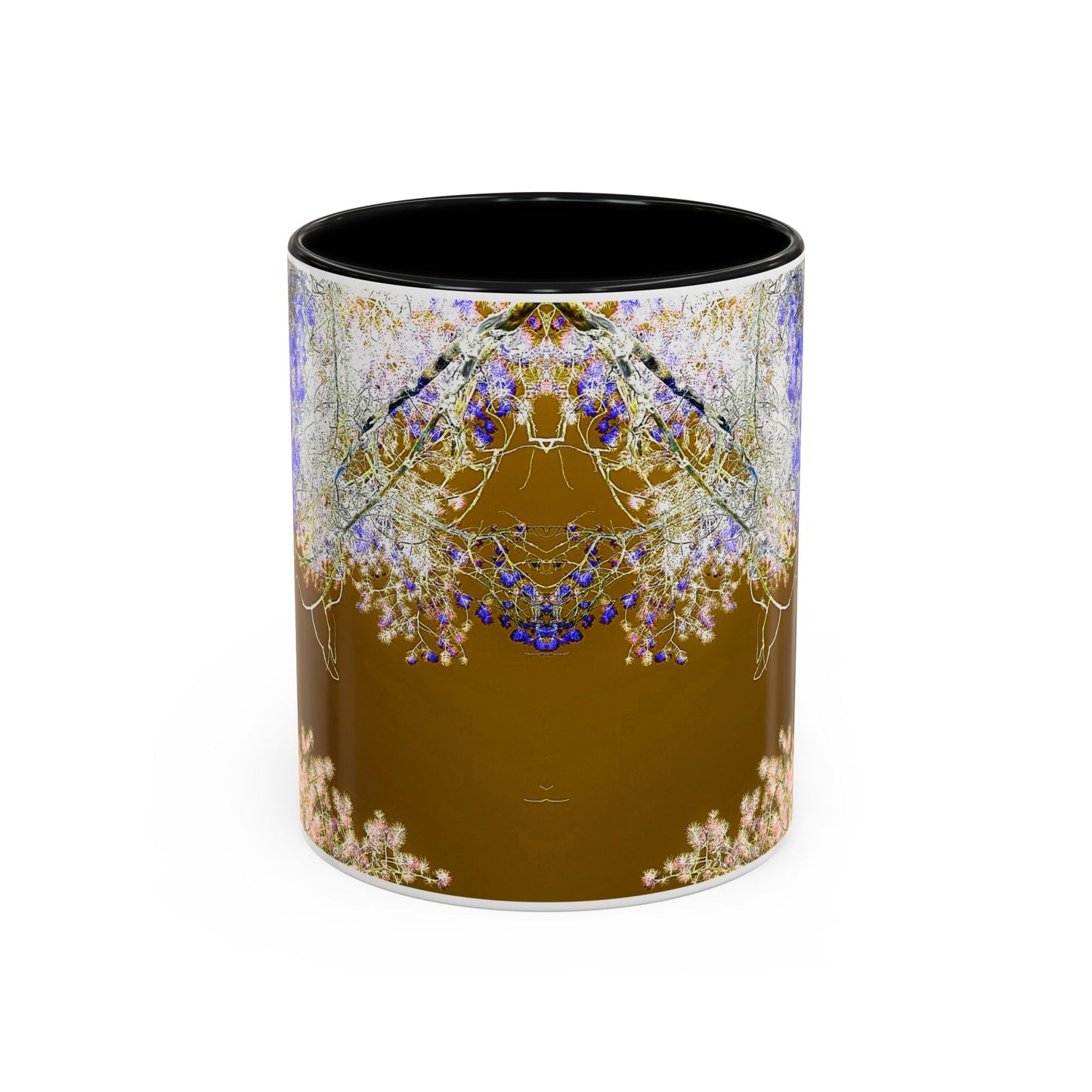 Floral Accent Coffee Mug — Botanical Blue & Pink Print on Brown (11/15oz)