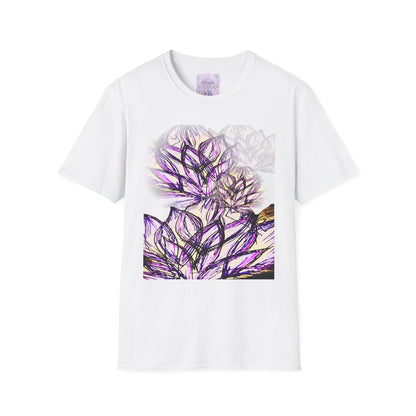 White t-shirt with a purple floral design on a white background