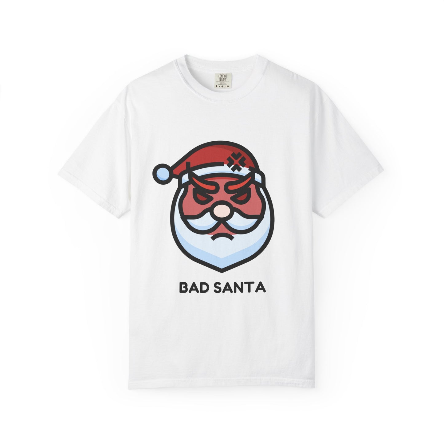 White t-shirt with a graphic of a face wearing a Santa hat and the text 'Bad Santa' on a white background.