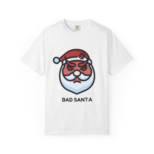 White t-shirt with a graphic of a face wearing a Santa hat and the text 'Bad Santa' on a white background.