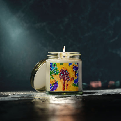 Candle in a jar with a colorful label on a dark background