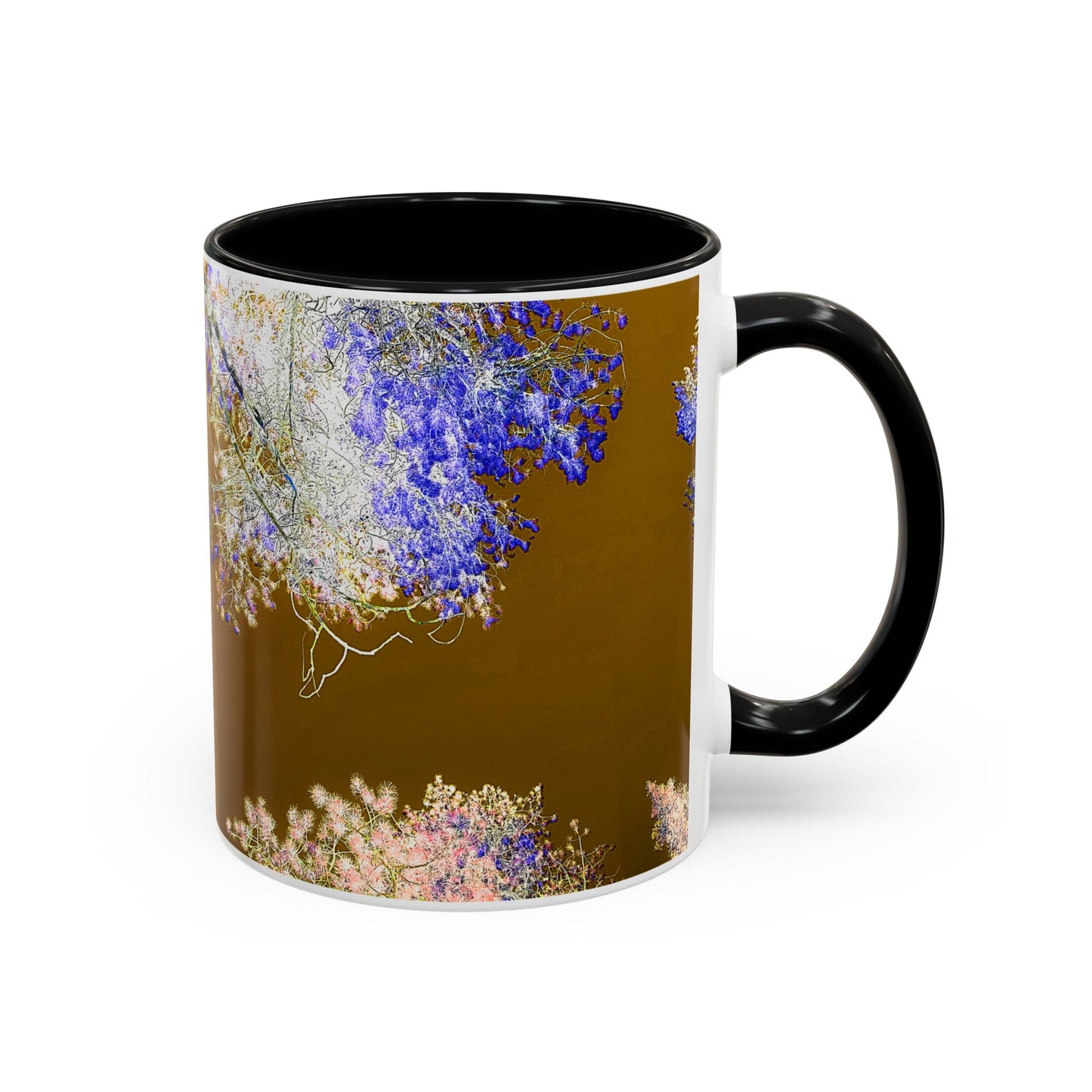 Floral Accent Coffee Mug — Botanical Blue & Pink Print on Brown (11/15oz)