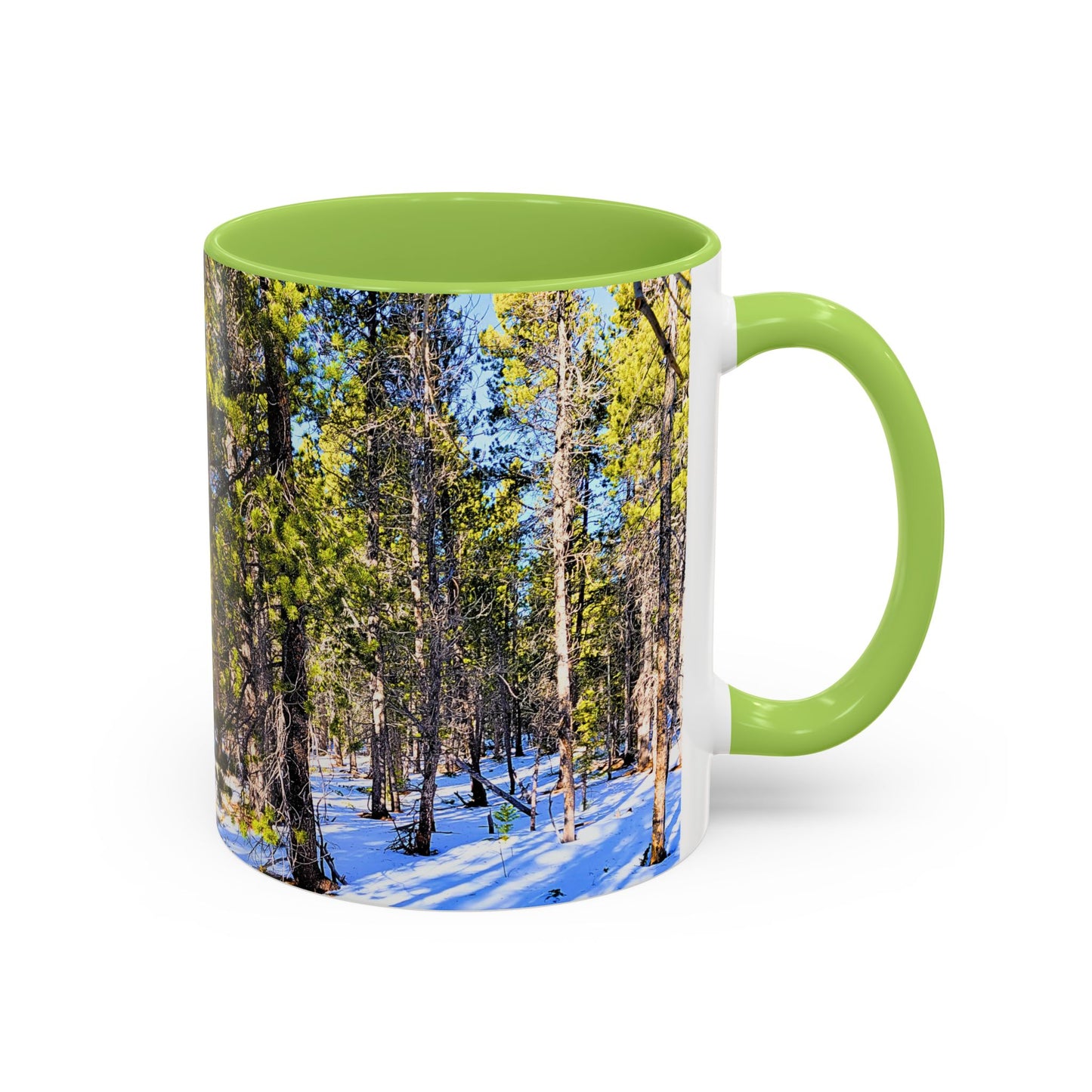 Pine Forest Snow Accent Coffee Mug – Scenic Nature Photography 11/15oz