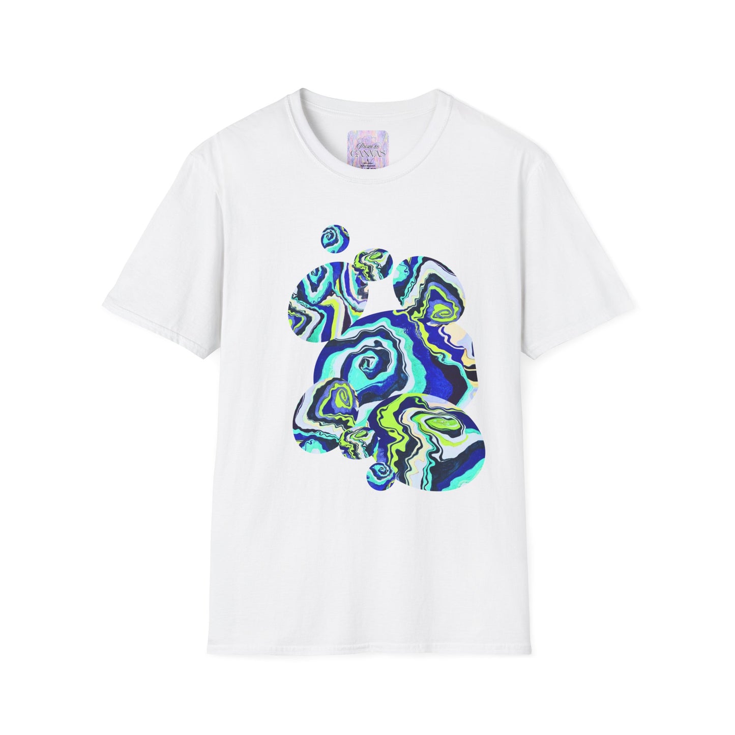 White t-shirt with a colorful abstract design on a white background