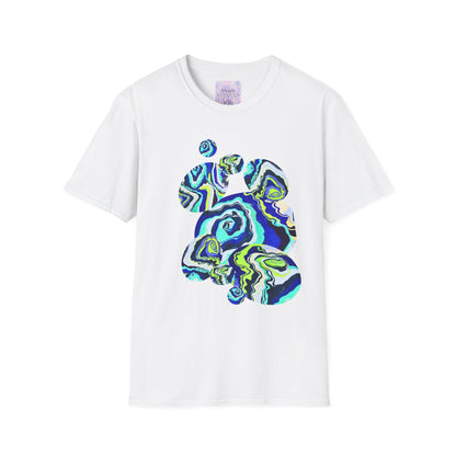 White t-shirt with a colorful abstract design on a white background