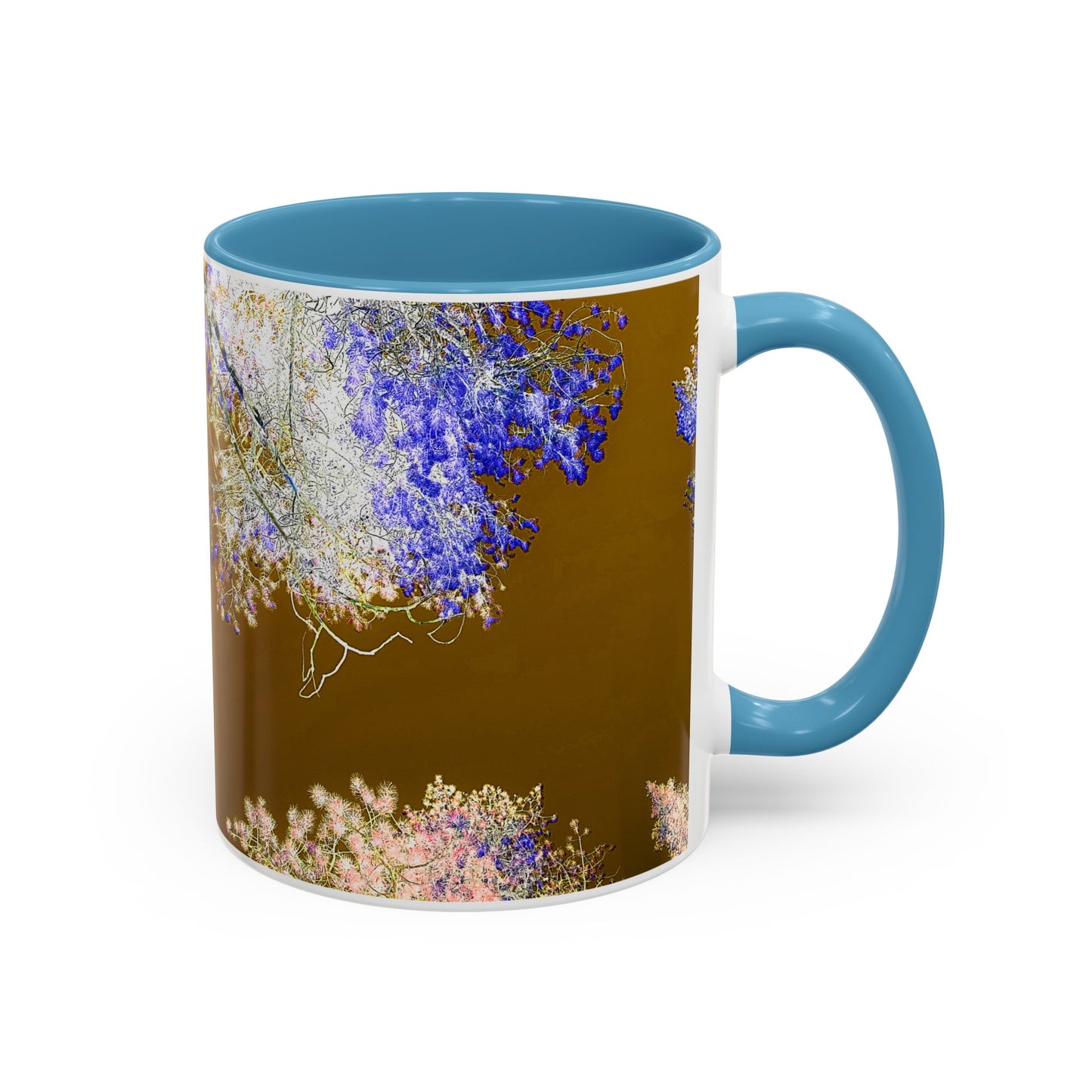 Floral Accent Coffee Mug — Botanical Blue & Pink Print on Brown (11/15oz)